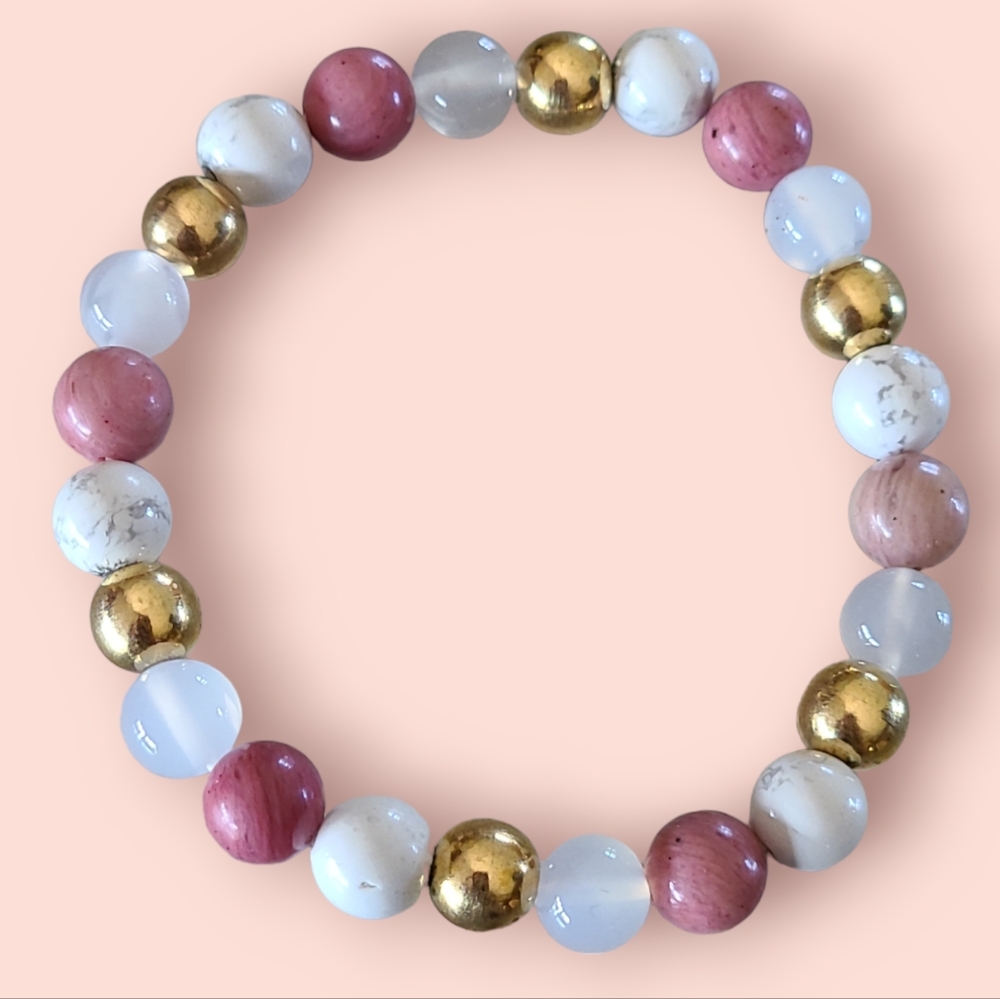 Rhodochrosite, Rose Quartz, Howlite Gemstone Bracelet Pink/White/Gold